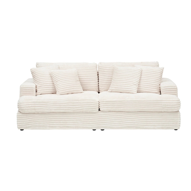 White 79.3  Corduroy 3-Seater Sofa with 4 Toss Pillows, Spring Cushion