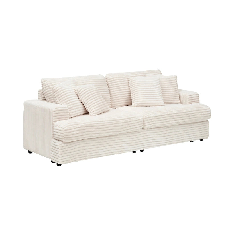 White 79.3  Corduroy 3-Seater Sofa with 4 Toss Pillows, Spring Cushion