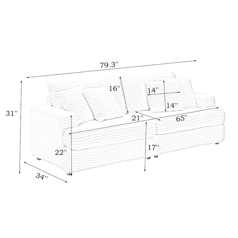 White 79.3  Corduroy 3-Seater Sofa with 4 Toss Pillows, Spring Cushion