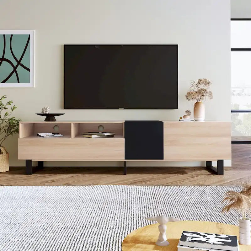 Natural+Black 70.9  TV Stand with Double Storage for 80  TVs