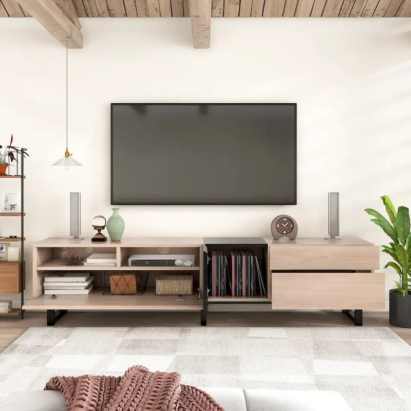 Natural+Black 70.9  TV Stand with Double Storage for 80  TVs