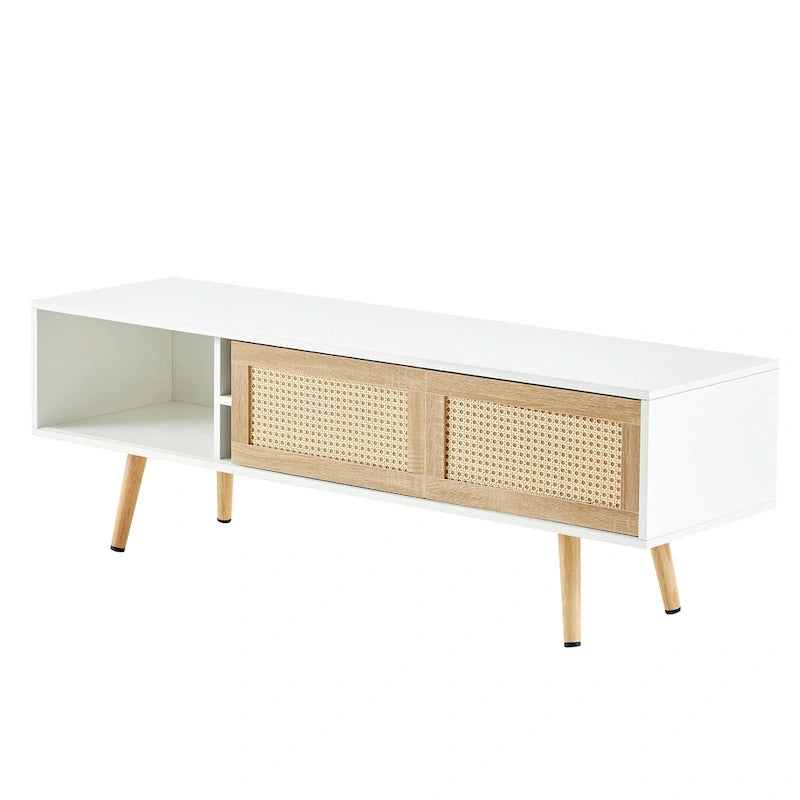 White 55.12  TV Stand with Sliding Doors, Wood Legs & Adjustable Shelf