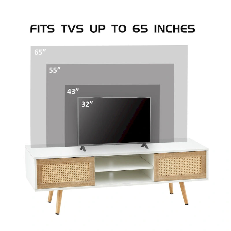 White 55.12  TV Stand with Sliding Doors, Wood Legs & Adjustable Shelf