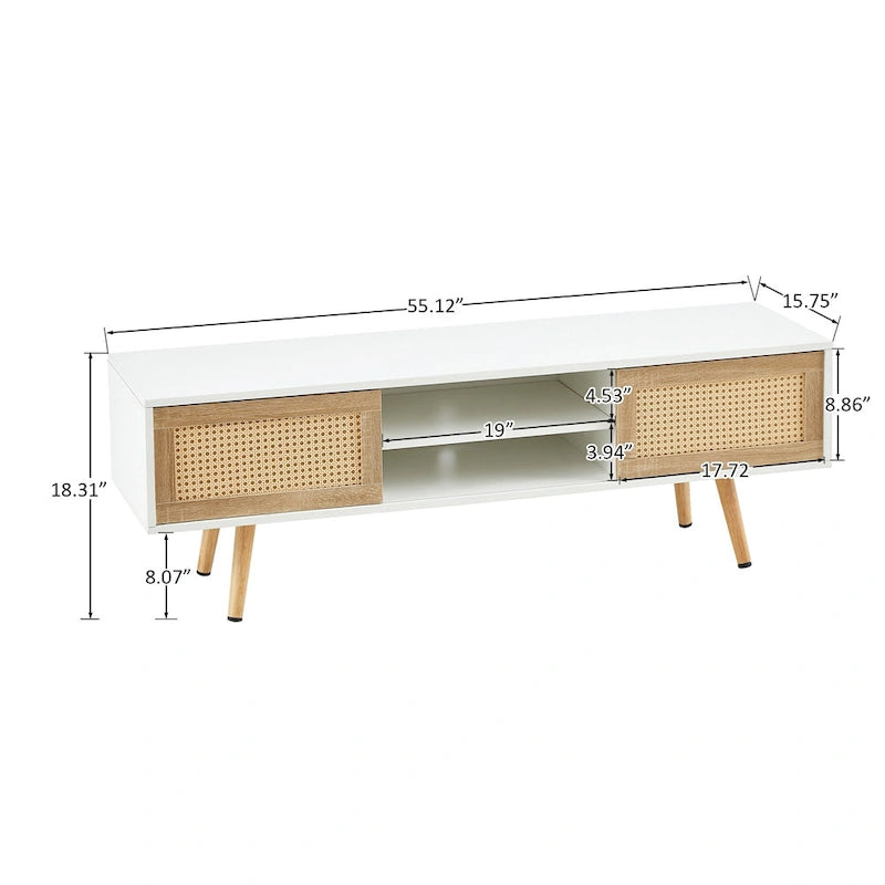 White 55.12  TV Stand with Sliding Doors, Wood Legs & Adjustable Shelf