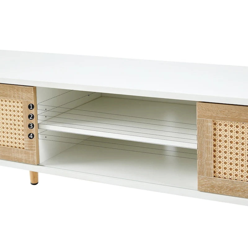 White 55.12  TV Stand with Sliding Doors, Wood Legs & Adjustable Shelf