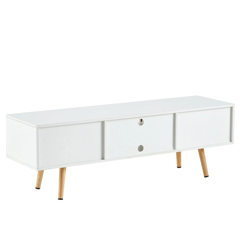 White 55.12  TV Stand with Sliding Doors, Wood Legs & Adjustable Shelf