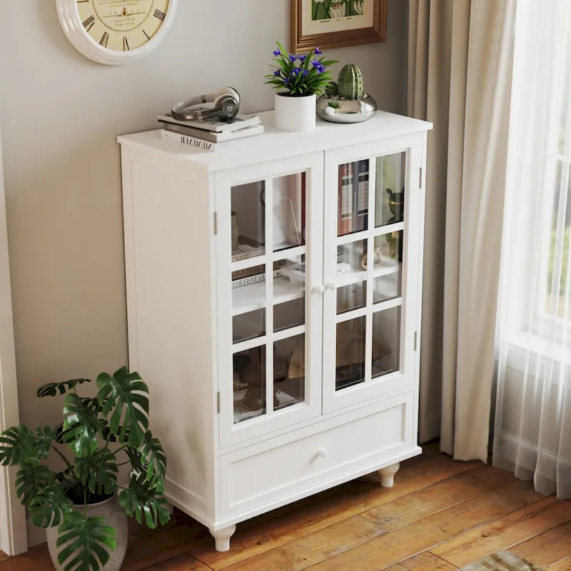 Minimalist White Buffet Cabinet with Double Glass Doors and Drawer, Modern Wooden Storage Sideboard Cupboard