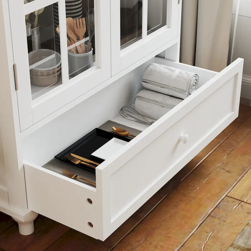 Minimalist White Buffet Cabinet with Double Glass Doors and Drawer, Modern Wooden Storage Sideboard Cupboard