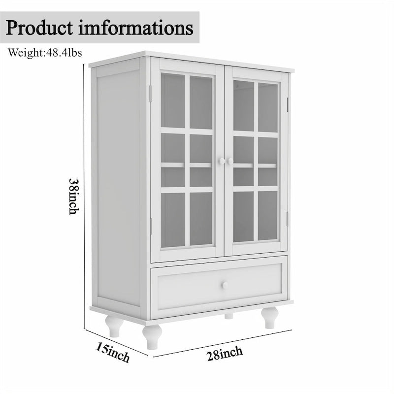 Minimalist White Buffet Cabinet with Double Glass Doors and Drawer, Modern Wooden Storage Sideboard Cupboard