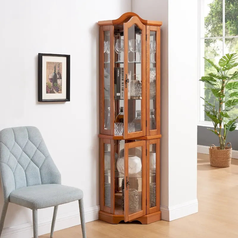 Curio Cabinet Lighted Glass Display Curio Cabinet w/Tempered Glass Doors and Shelves, Crown Corner Cabinet with Bulb