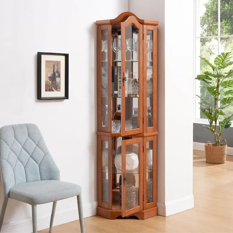 Curio Cabinet Lighted Glass Display Curio Cabinet w/Tempered Glass Doors and Shelves, Crown Corner Cabinet with Bulb