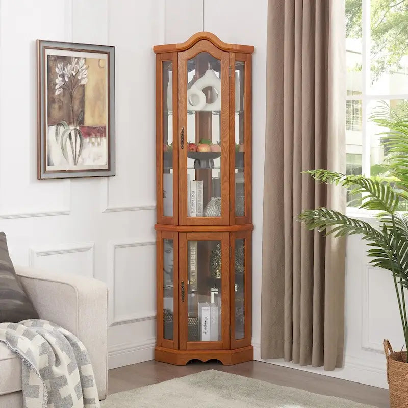 Curio Cabinet Lighted Glass Display Curio Cabinet w/Tempered Glass Doors and Shelves, Crown Corner Cabinet with Bulb