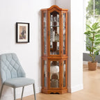 Curio Cabinet Lighted Glass Display Curio Cabinet w/Tempered Glass Doors and Shelves, Crown Corner Cabinet with Bulb