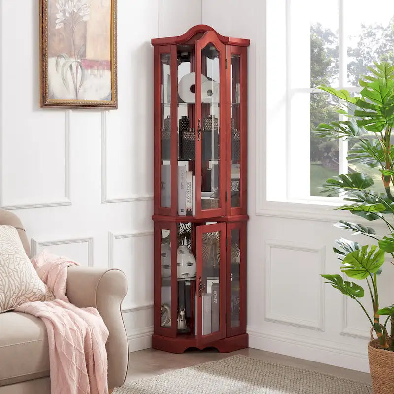 Curio Cabinet Lighted Glass Display Curio Cabinet w/Tempered Glass Doors and Shelves, Crown Corner Cabinet with Bulb