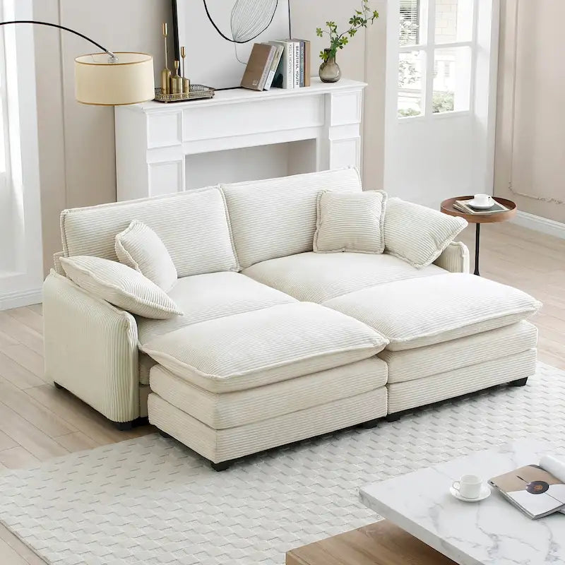 Beige 4-piece Corduroy Upholstered Modular Sleeper Sectional Sofa with 2 Removable Ottoman and 4 Pillows, Free Combination