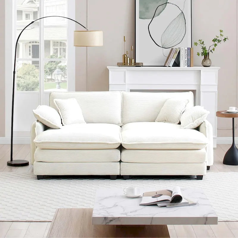 Beige 4-piece Corduroy Upholstered Modular Sleeper Sectional Sofa with 2 Removable Ottoman and 4 Pillows, Free Combination