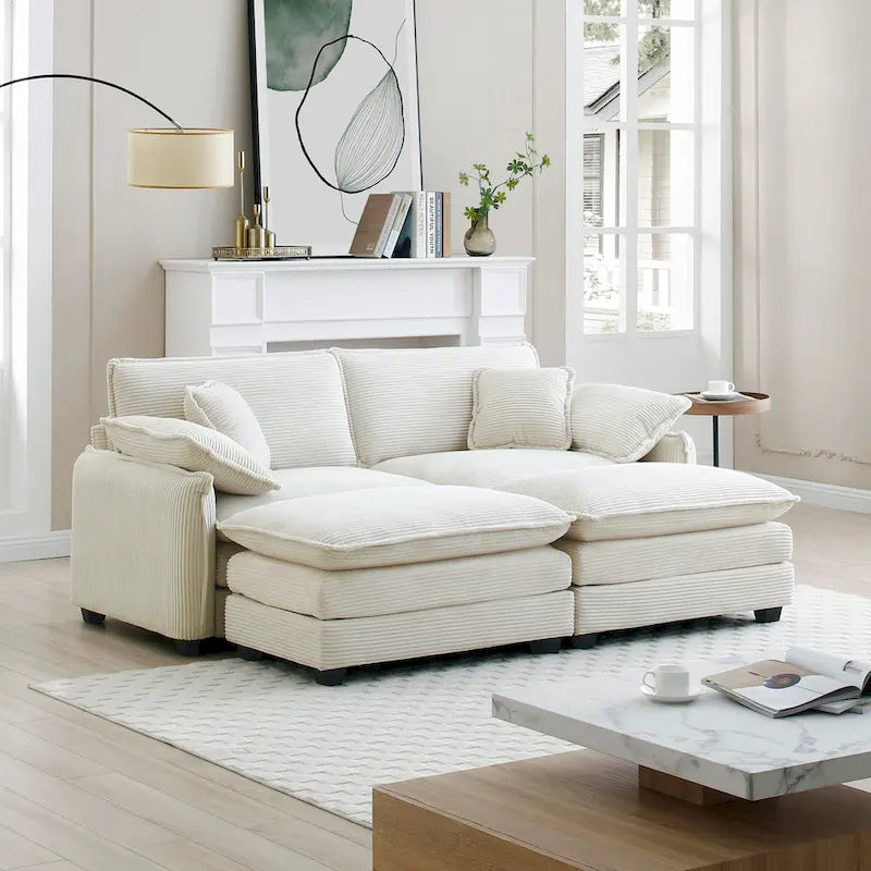 Beige 4-piece Corduroy Upholstered Modular Sleeper Sectional Sofa with 2 Removable Ottoman and 4 Pillows, Free Combination