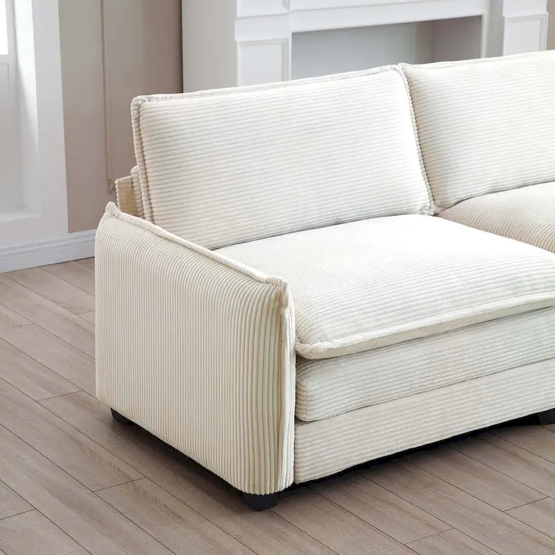 Beige 4-piece Corduroy Upholstered Modular Sleeper Sectional Sofa with 2 Removable Ottoman and 4 Pillows, Free Combination