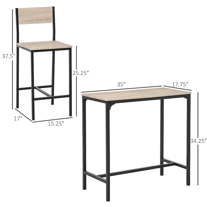 3 Piece Bar Table and Chairs, Industrial Dining Table Set for 2, Counter Height Kitchen Table with Bar stool