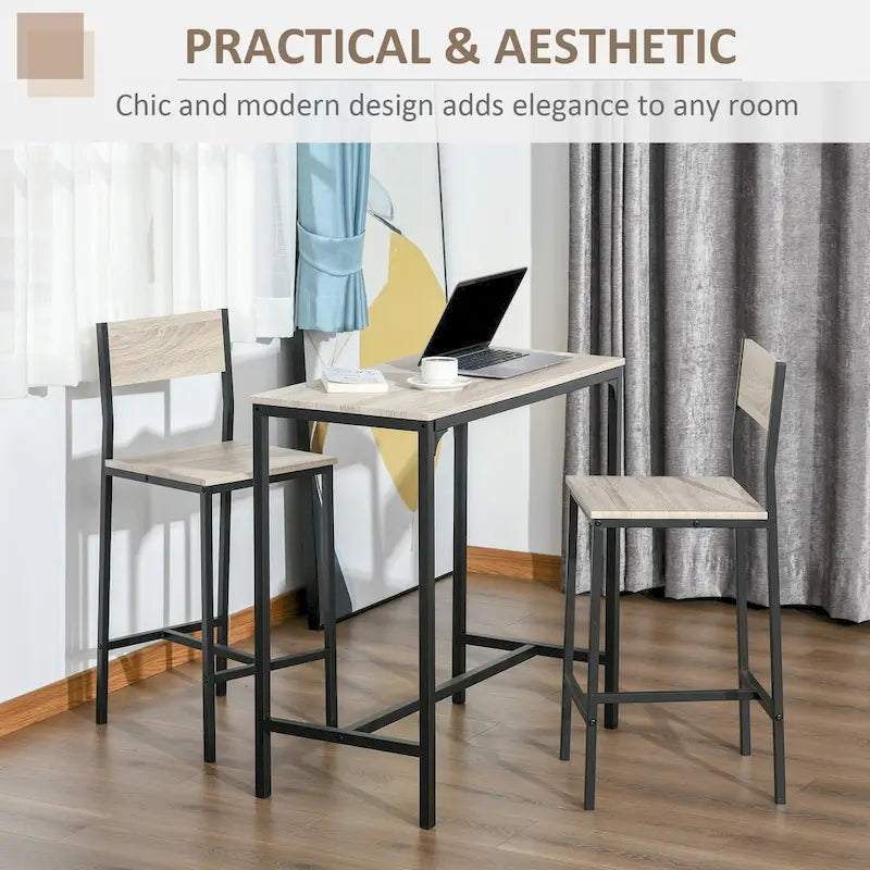 3 Piece Bar Table and Chairs, Industrial Dining Table Set for 2, Counter Height Kitchen Table with Bar stool