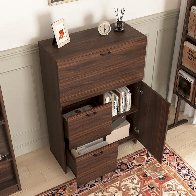 Desk Cabinet, with Storage Drawer & Shelves, Fold-up Desktop