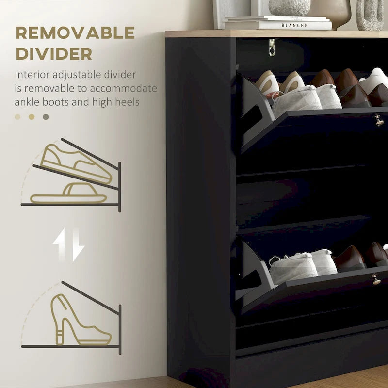 Slim Shoe Cabinet for Entryway, Hidden Shoe Storage Cabinet with 2 Flip Drawers and Adjustable Shelves for 12 Pairs of Shoes