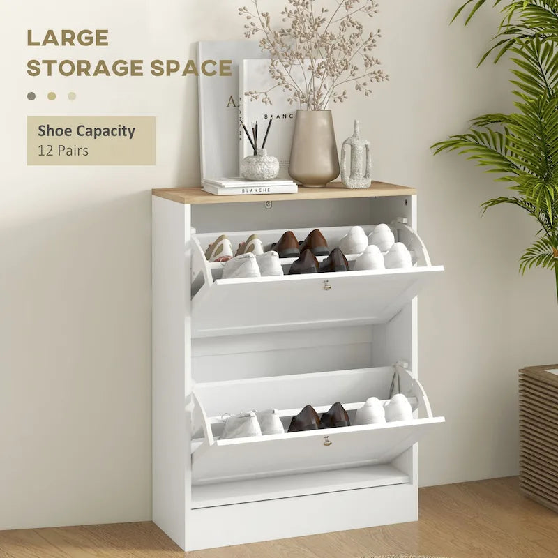 Slim Shoe Cabinet for Entryway, Hidden Shoe Storage Cabinet with 2 Flip Drawers and Adjustable Shelves for 12 Pairs of Shoes