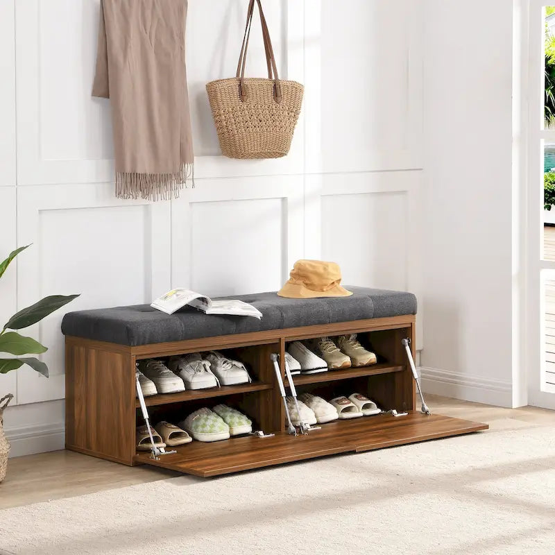 49  Shoe Storage Bench, Entryway Shoe Cabinet Storage Ottoman with Padded Seat Cushion and Double Doors for Entryway, Hallway
