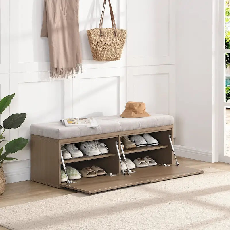 49  Shoe Storage Bench, Entryway Shoe Cabinet Storage Ottoman with Padded Seat Cushion and Double Doors for Entryway, Hallway