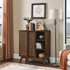 Mid Century Modern Rattan Sideboard Cabinet, Buffet Cabinet, Adjustable Shelf & Solid Wood Feet & Rattan Cabinet Doors