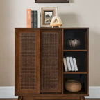 Mid Century Modern Rattan Sideboard Cabinet, Buffet Cabinet, Adjustable Shelf & Solid Wood Feet & Rattan Cabinet Doors