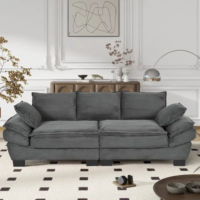 85.4  Modern Curved Sofa, Back Upholstered Couch with 2 Decorative Throw Pillows, Corduroy Fabric Couch