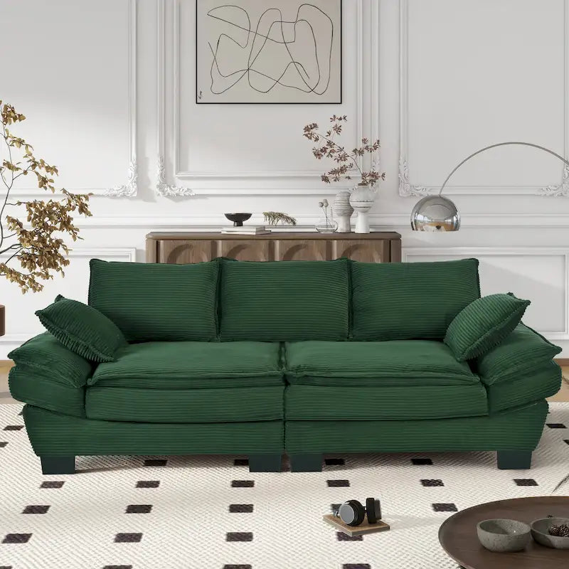 85.4  Modern Curved Sofa, Back Upholstered Couch with 2 Decorative Throw Pillows, Corduroy Fabric Couch