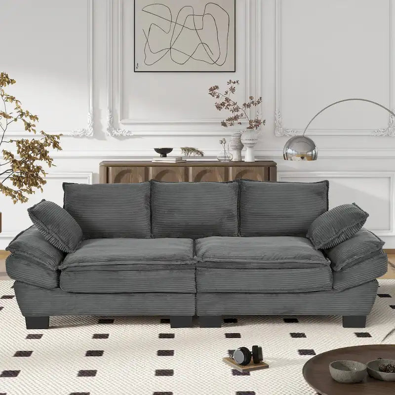 85.4  Modern Curved Sofa, Back Upholstered Couch with 2 Decorative Throw Pillows, Corduroy Fabric Couch