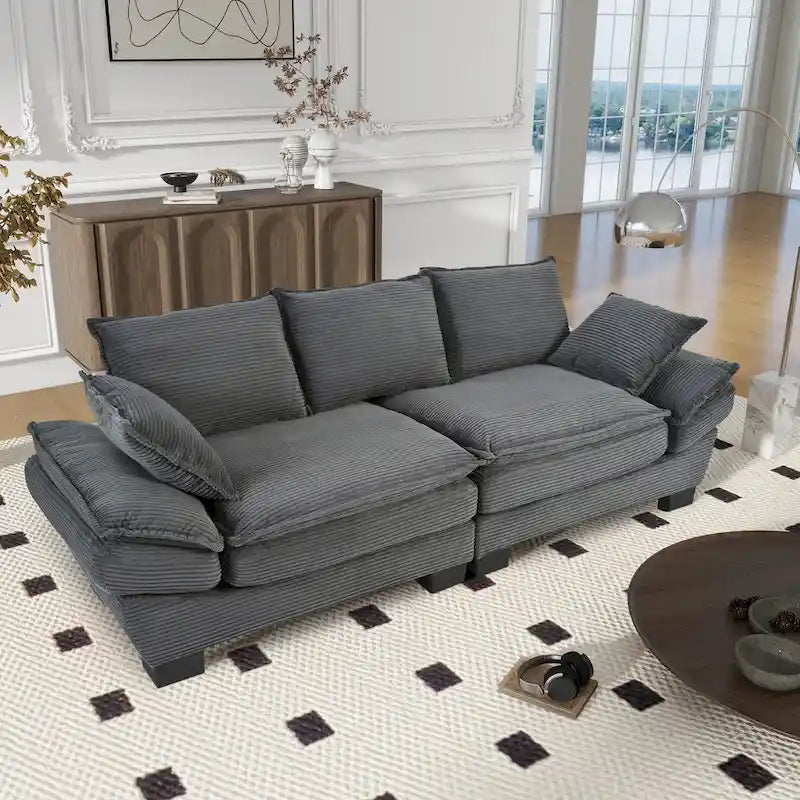 85.4  Modern Curved Sofa, Back Upholstered Couch with 2 Decorative Throw Pillows, Corduroy Fabric Couch