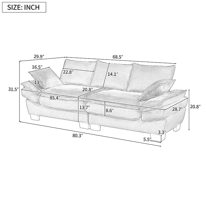 85.4  Modern Curved Sofa, Back Upholstered Couch with 2 Decorative Throw Pillows, Corduroy Fabric Couch