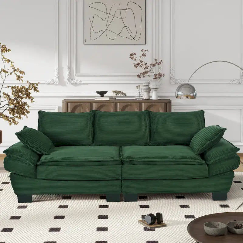 85.4  Modern Curved Sofa, Back Upholstered Couch with 2 Decorative Throw Pillows, Corduroy Fabric Couch