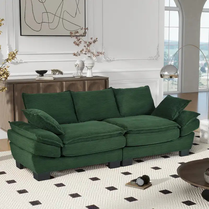 85.4  Modern Curved Sofa, Back Upholstered Couch with 2 Decorative Throw Pillows, Corduroy Fabric Couch