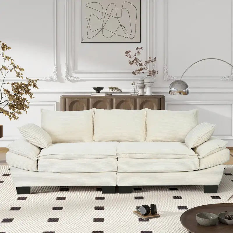 85.4  Modern Curved Sofa, Back Upholstered Couch with 2 Decorative Throw Pillows, Corduroy Fabric Couch