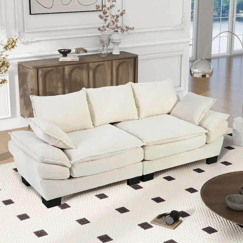 85.4  Modern Curved Sofa, Back Upholstered Couch with 2 Decorative Throw Pillows, Corduroy Fabric Couch