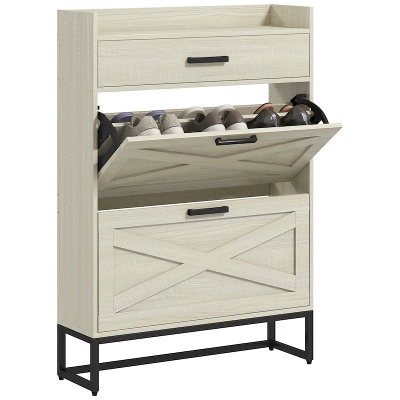 Narrow Shoe Cabinet, with 2 Flip Drawers, Adjustable Shelves and Top Drawer, Hidden Shoe Storage for 12 Pairs of Shoes