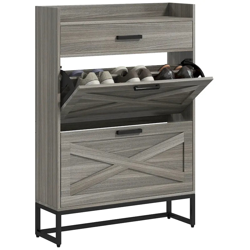 Narrow Shoe Cabinet, with 2 Flip Drawers, Adjustable Shelves and Top Drawer, Hidden Shoe Storage for 12 Pairs of Shoes