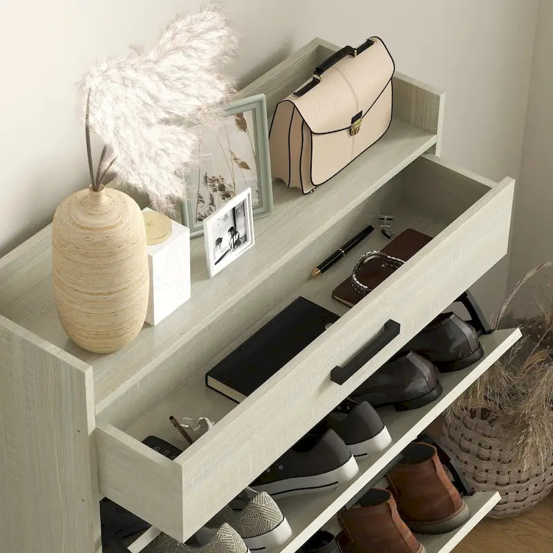 Narrow Shoe Cabinet, with 2 Flip Drawers, Adjustable Shelves and Top Drawer, Hidden Shoe Storage for 12 Pairs of Shoes