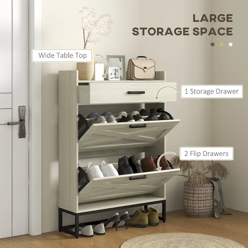 Narrow Shoe Cabinet, with 2 Flip Drawers, Adjustable Shelves and Top Drawer, Hidden Shoe Storage for 12 Pairs of Shoes
