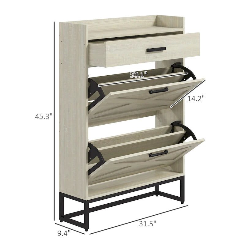 Narrow Shoe Cabinet, with 2 Flip Drawers, Adjustable Shelves and Top Drawer, Hidden Shoe Storage for 12 Pairs of Shoes