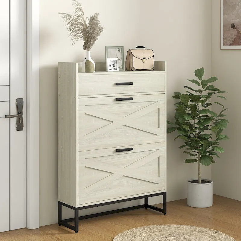 Narrow Shoe Cabinet, with 2 Flip Drawers, Adjustable Shelves and Top Drawer, Hidden Shoe Storage for 12 Pairs of Shoes