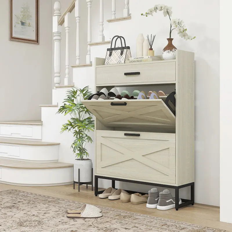 Narrow Shoe Cabinet, with 2 Flip Drawers, Adjustable Shelves and Top Drawer, Hidden Shoe Storage for 12 Pairs of Shoes