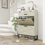Narrow Shoe Cabinet, with 2 Flip Drawers, Adjustable Shelves and Top Drawer, Hidden Shoe Storage for 12 Pairs of Shoes