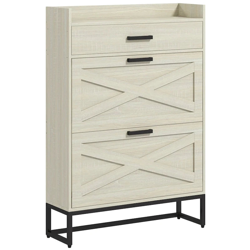 Narrow Shoe Cabinet, with 2 Flip Drawers, Adjustable Shelves and Top Drawer, Hidden Shoe Storage for 12 Pairs of Shoes