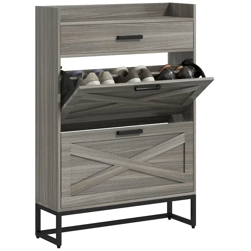 Narrow Shoe Cabinet, with 2 Flip Drawers, Adjustable Shelves and Top Drawer, Hidden Shoe Storage for 12 Pairs of Shoes